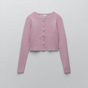 Zara Ribbed Cropped Pink Cardigan, size S